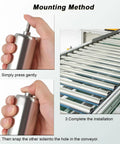 Mounting method for Galvanized Roller Conveyor Set For Industrial Use, Heavy Duty Belt Rollers, includes hand installing roller.