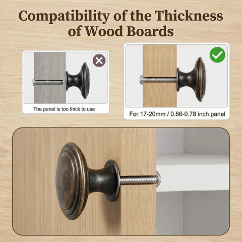Antique Brass Cabinet Knobs Set showing compatibility with wood board thickness for vintage single hole cupboard use