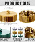Product size diagram of Six Pack 2 Inch Bristle Discs Set With Grit 50 80 120 for grinding and polishing on metal surfaces.