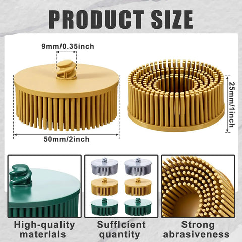 Product size diagram of Six Pack 2 Inch Bristle Discs Set With Grit 50 80 120 for grinding and polishing on metal surfaces.