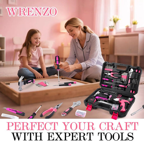 Mother and daughter using Pink 3.6V Cordless Screwdriver Set With 151 Piece Home Tool Kit Magnetic Bits LED Light USB C Fast Charging Lightweight Ergonomic Grip For Women DIY Projects