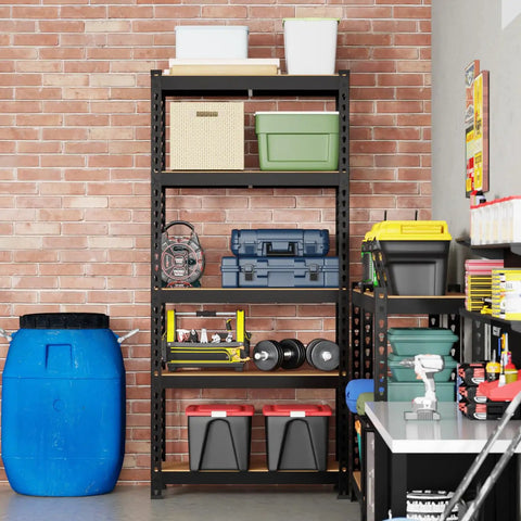 Heavy Duty 5 Tier Garage Storage Shelving Unit With Adjustable Shelves Built Tough For Workshop Basement Kitchen Pantry And Warehouse Holds Up To 386 Lb Per Shelf Total 1930 Lb Capacity, black steel frame with MDF shelves