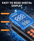 Close-up of Portable On The Go Tire Inflator Air Pump with digital display showing pressure gauge and control buttons.
