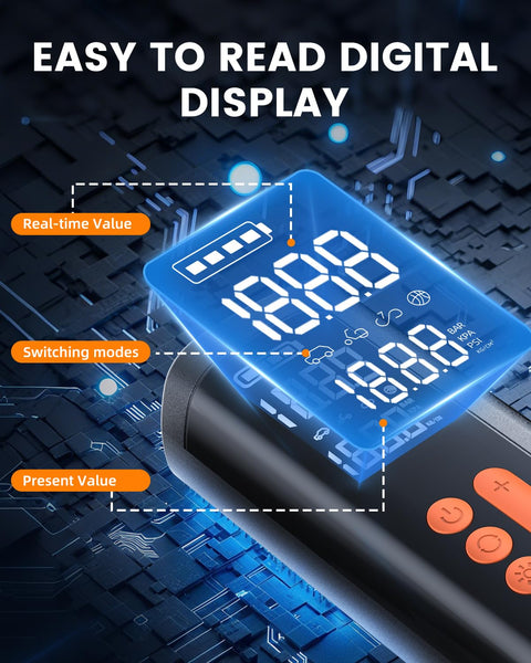 Close-up of Portable On The Go Tire Inflator Air Pump with digital display showing pressure gauge and control buttons.