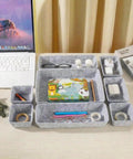 Customizable 8 Pack Felt Drawer Organizer Trays Set For Desk Drawers Shallow Modular Storage Bins, light gray, on desk