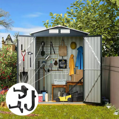Outdoor shed with Six Pack Heavy Duty ABS Storage Shed Hooks for ladders and garden rakes, featuring J, U, V shapes for organization
