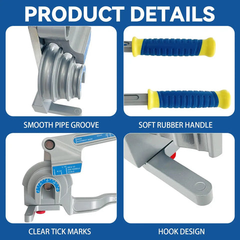 Sugoee 3 In 1 Tube Bender For Copper Brass Aluminum Pipes showing smooth pipe groove, soft rubber handle, and clear tick marks.
