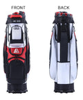 Badass White Golf Cart Bag Featuring T Lock Quiet Top Technology showing front and back views, showcasing 14 way dividers.