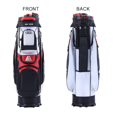 Badass White Golf Cart Bag Featuring T Lock Quiet Top Technology showing front and back views, showcasing 14 way dividers.