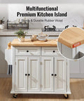 Solid Rubber Wood Top Kitchen Island Cart With Storage Cabinet And Drawer, 35.4 Inch Wide Rolling Kitchen Island On Wheels With Spice Rack And Towel Rack, White Finish, Durable MDF Frame in modern kitchen setting