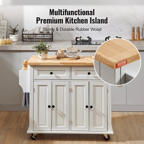 Solid Rubber Wood Top Kitchen Island Cart With Storage Cabinet And Drawer, 35.4 Inch Wide Rolling Kitchen Island On Wheels With Spice Rack And Towel Rack, White Finish, Durable MDF Frame in modern kitchen setting