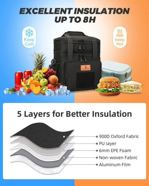 Expandable Large Tactical Lunch Box With Dual Insulated Compartments And Shoulder Strap, black bag shown with fruits and sandwiches