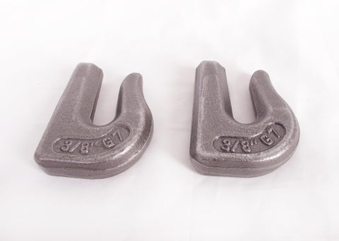Three Eighths Inch Weld On Forged Clevis Grab Chain Hooks Grade 70 Heavy Duty Beefy Workhorse 6600 Lb Working Load Limit Set Of 2 Rust Resistant Trailer Hook For Chains And Towing showing both hooks on white background