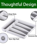 Five Compartment Kitchen Drawer Organizer White Plastic Silverware Tray with deep slots and non-slip feet for utensils.