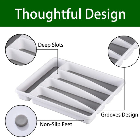 Five Compartment Kitchen Drawer Organizer White Plastic Silverware Tray with deep slots and non-slip feet for utensils.