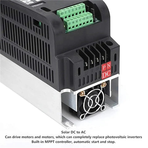 Built Tough Solar Water Pump Inverter That Runs Smooth With Zero Hassle Variable Frequency Control 5.5 Kilowatt 8Hp DC To AC Driver side view with connectors and cooling fan.