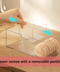 Close-up of Two Tier Drawer Organizer For Medicine Cabinet Stackable Clear Storage Drawers, with removable partition.