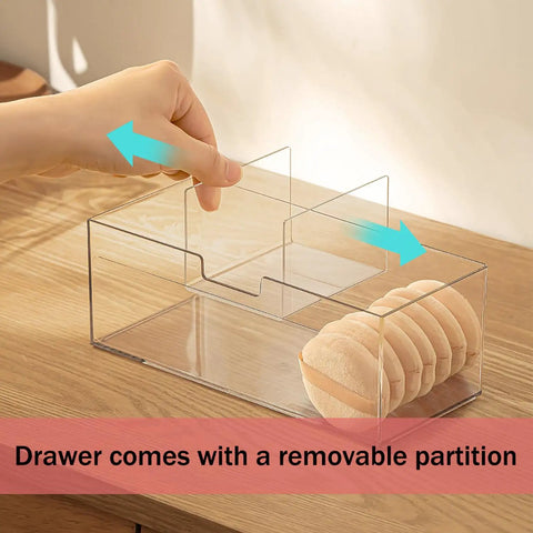 Close-up of Two Tier Drawer Organizer For Medicine Cabinet Stackable Clear Storage Drawers, with removable partition.