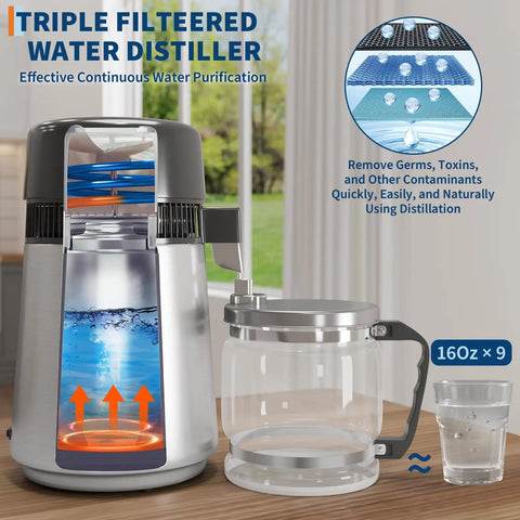 Countertop Water Distiller For Home Use 1 Gallon Stainless Steel With Glass Carafe 750W Desktop Purifier That Distills Tap Water Into Crystal Clear Purified Water Daily No Hassle Hydration, showing distillation process and glass carafe on counter.