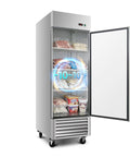 Heavy Duty Commercial Upright Freezer With 23 Cubic Feet Storage Auto Defrost Digital Thermostat Led Interior single door view with ice cream and meat.
