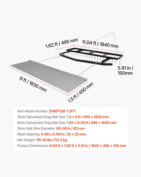 Diagram of Tow Behind 6 Ft Drag Harrow With Chain Harrow Adjustable Width 80 Lb Load Capacity showing dimensions and features.