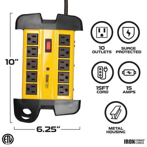Beefy 10 Outlet Heavy Duty Surge Protector Power Strip With Built In Circuit Breaker 15 Ft Extension Cord 2700 Joule Protection