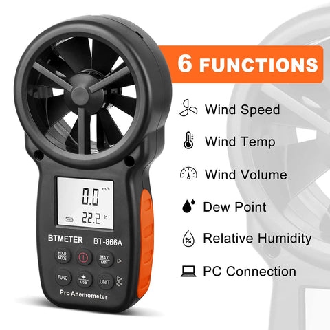 Pro Handheld HVAC Anemometer And CFM Flow Meter With Wet Bulb Temp Wind Speed Temperature Humidity Dew Point And Max Min Readouts For Smooth Boss Level HVAC Balancing And Quick Computer Sync, black handheld fan sensor