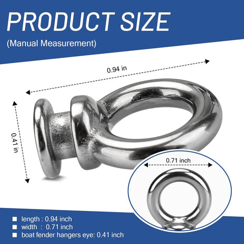Replacement Boat Fender Eye Set for Quick Release Bumper Hanger Clips and Locks, stainless steel marine fender eye dimensions.