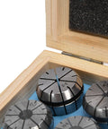Close-up of carbon steel collets in wooden box, part of 18 Piece Spring Collet Set 3 To 20 mm Carbon Steel CNC Milling Chuck Lathe Accessories For Engraving Machine Drill Boring And Wire Tapping Pro Grade Heavy Duty Kit