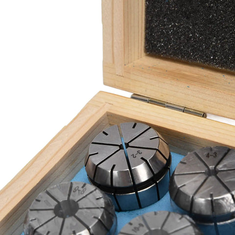 Close-up of carbon steel collets in wooden box, part of 18 Piece Spring Collet Set 3 To 20 mm Carbon Steel CNC Milling Chuck Lathe Accessories For Engraving Machine Drill Boring And Wire Tapping Pro Grade Heavy Duty Kit