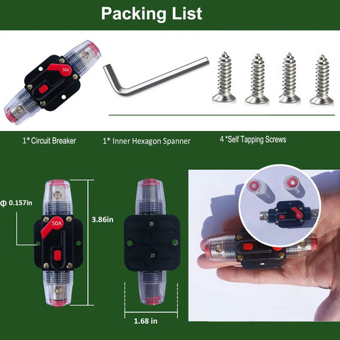 50 Amp Manual Reset Waterproof Inline Circuit Breaker For Cars ATVs Boats And Marine Trolling Motors with hex tool and screws