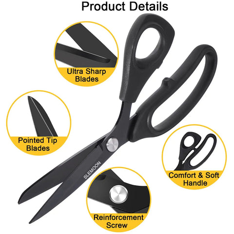 10 Inch All Purpose Heavy Duty Scissors For Home Office And Workshop, Workhorse Steel Blades For Cutting Fabric Paper Cardboard Leather And More, Rust Resistant With Comfortable Grip And Durable Construction. Black scissors with pointed tip blades and soft handle