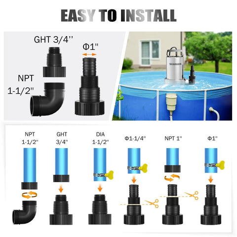 Installation guide for Heavy Duty 1.6 HP Submersible Sump Pump with fittings sizes NPT and GHT.