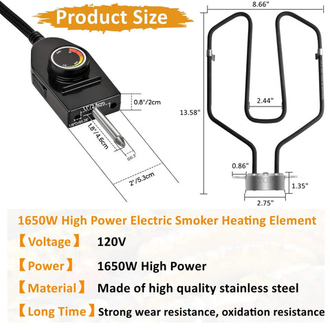 1650W Electric Smoker Heating Element Kit With Adjustable Thermostat And Probe Cord Replacement for Masterbuilt Smoke Hollow