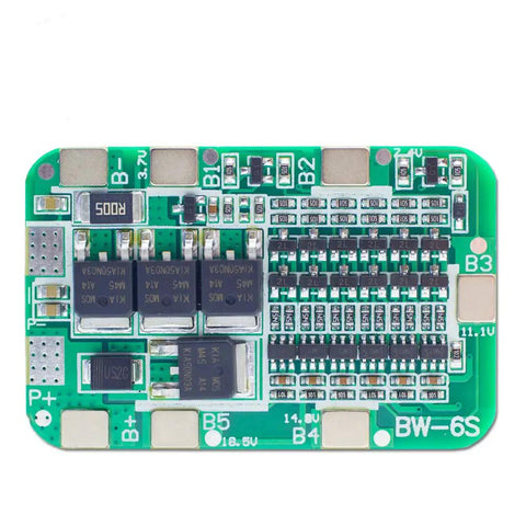 Beefy 6S Lithium Battery BMS Board 25.2V 15A 18650 Cell Protector Smart Charging Module circuit board top view.