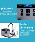 Pro Grade 1000W Hot Air Rework Station With Digital LCD Display, Precise Temperature And Airflow Control, showing dimensions and buttons