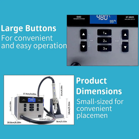 Pro Grade 1000W Hot Air Rework Station With Digital LCD Display, Precise Temperature And Airflow Control, showing dimensions and buttons