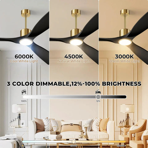 Dope 52 Inch Ceiling Fan With Lights For Indoor Outdoor Patio 3 Blade Matte Black And Gold Finish showing dimmable light settings