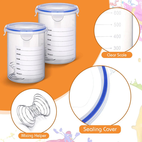 Eight 1000ml Paint Containers With Stainless Steel Mixing Balls, Airtight Lids, Labels Included For Easy DIY Projects And Project Organization shown with features such as clear scale, sealing cover, and mixing helper.