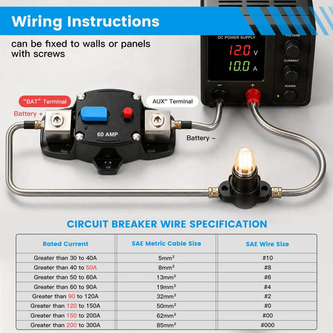 Heavy Duty 200A Dc Circuit Breaker Battery Disconnect Switch wiring instructions with detailed circuitry for 12V to 24V systems.