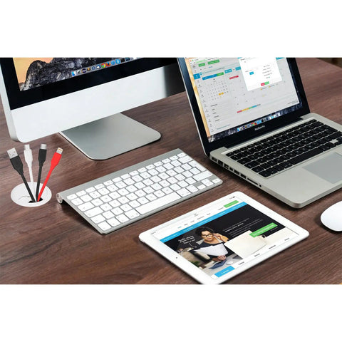 White Plastic Desk Grommet 2 Inch With Hole Saw Kit 2 Pack Cable Cord Management For Office, managing cables under a keyboard.