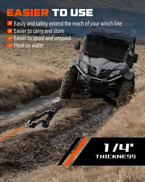 Heavy Duty Winch Rope Extension One Quarter Inch By Fifty Feet For Off Road Recovery 10,000 Lbs Capacity Bright Orange Color For Easy Visibility And Quick Anchor Reach Ideal For Jeep And ATV Recoveries attached to ATV in muddy trail