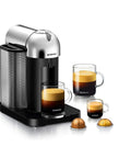 Vertuo Coffee And Espresso Maker By Breville Chrome One Touch Single Serve Coffee Or Espresso with coffee cups and pods