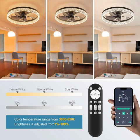 Low Profile Fandelier Ceiling Fan With Light And Remote, 19.7 Inch Flush Mount, Bladeless LED Smart Dimmable Lighting System