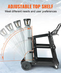 Side view of Heavy Duty 3 Tier Welding Cart With 360 Degree Swivel Wheels, Tank Storage And Safety Chains, Rolling Cart For MIG TIG ARC Plasma Cutter Welder, 400 Lb Capacity showing adjustable top shelf.