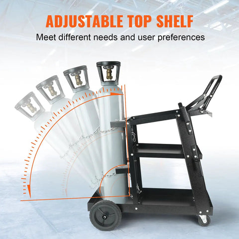 Side view of Heavy Duty 3 Tier Welding Cart With 360 Degree Swivel Wheels, Tank Storage And Safety Chains, Rolling Cart For MIG TIG ARC Plasma Cutter Welder, 400 Lb Capacity showing adjustable top shelf.