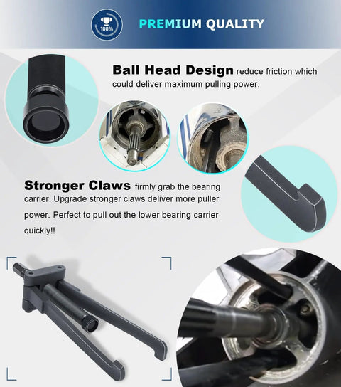Lower bearing carrier puller with adjustable dark-gray steel arms for outboard gearcases 115hp+ (Amazon).