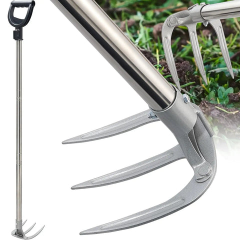 Long-Handle 62-Inch Cultivator Hand Rake With 3-Tine Heavy-Duty Carbon Steel D Grip for garden beds and clay soil