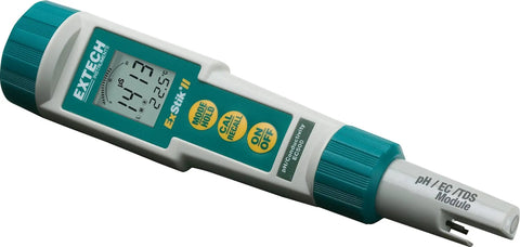 Waterproof ExStik II pH and Conductivity Meter with LCD displaying measurements, showing flat-surface electrode