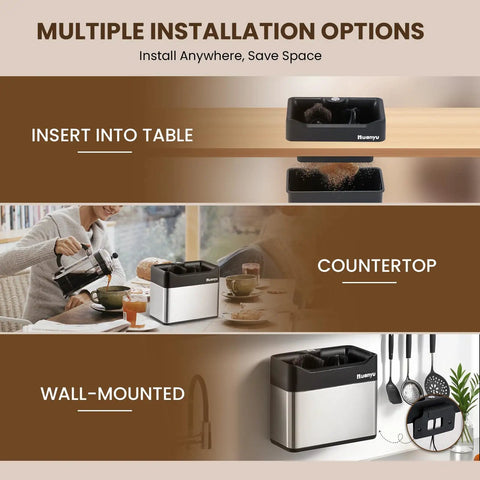 Multiple installation options for Automatic Portafilter Washer With Three Liter Tank: countertop, table insert, and wall-mounted.